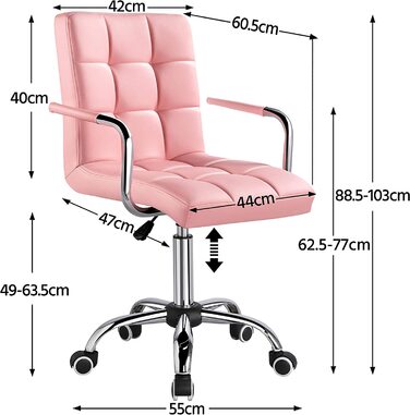 Офісне крісло Yaheetech, стілець для робочого столу, обертовий стілець, робочий стілець зі знімними підлокітниками, регульованими по висоті, зі штучної шкіри (рожевий)