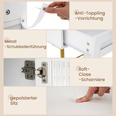 Тумбочка для макіяжу з LED-підсвічуванням COSTWAY, туалетний столик з зарядкою, дзеркало, пуф, 3 ящики, місце для фену, білий + золотий