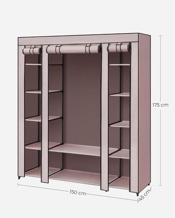 Шафа для одягу, тканинна шафа, з флісовим покриттям, складна шафа з вішалкою для одягу, 45 x 150 x 175 см, 12 полиць, металевий каркас, шафа для спальні, LSF003I02 (темно-рожева)
