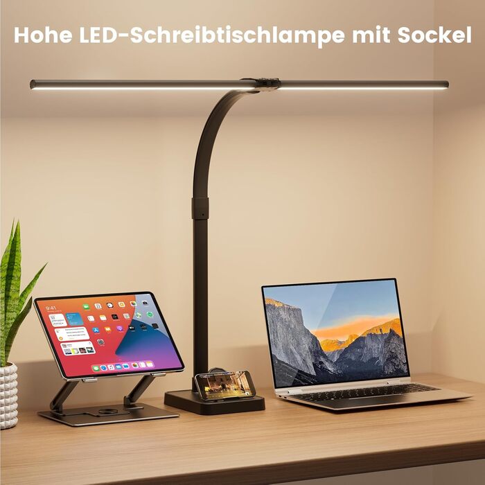 LED настільна лампа Doppelkopf з регулюванням яскравості, 24W, 80см, з кріпленням, денне світло, гнусий шийка, для офісу, захист очей, з підставкою для телефону, чорна