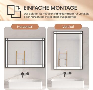 Дзеркало для ванної кімнати AQUABATOS LED з підсвічуванням 50x70 см, імітація вікна, сенсорне регулювання, регулювання яскравості, холодний білий, протизапотівання, чорний алюмінієвий каркас, декор у індустріальному стилі