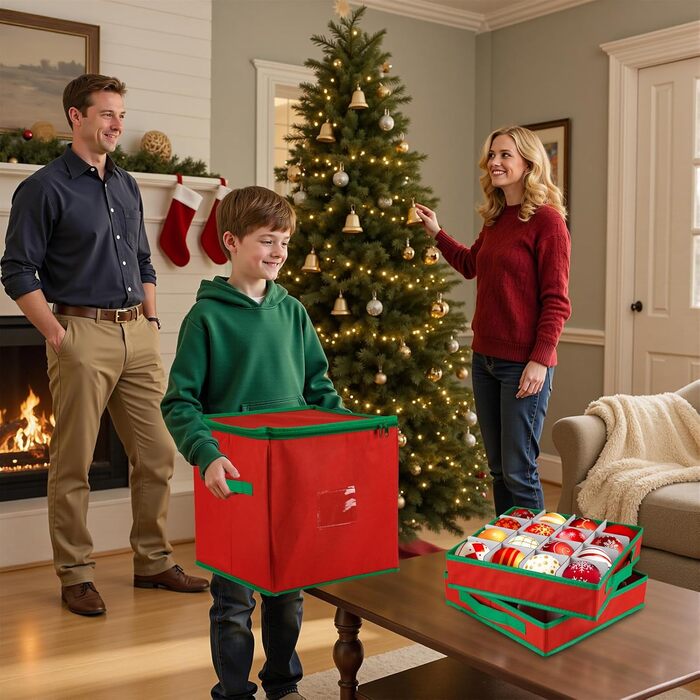 Коробка для прикрас на ялинку з 128 відділеннями, XL, з кришкою та додатковими кишенями, оксфордська тканина, червоно-зелена сітка