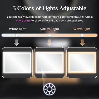 Дзеркало для ванної кімнати з підсвіткою 80x60 см, LED дзеркало з 3 кольорами світла, регульована яскравість, захисне скло, сенсорне управління, функція пам'яті, запобігання запотіванню, 60L x 80B cm