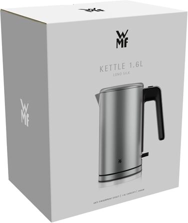 Електричний чайник WMF Lono Silk 1.6 л з нержавіючої сталі, з фільтром від накипу, бездротовий, з поворотним підставою, антижирове покриття, відкривання однією рукою, зовнішній індикатор рівня води