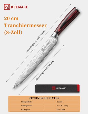 KEEMAKE Набір кухонних ножів Profi: кухонні ножі з нержавіючої сталі з захистом леза, гострі ножі шеф-кухаря та універсальні ножі для м'яса, овочів та риби (ніж для м'яса 20 см)