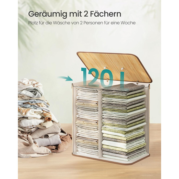 Кошик для білизни SONGMICS з кришкою, 2 відділення, 120 літрів, бамбук, складний, знімний мішок для прання, з ручками, для ванної кімнати, спальні, натуральний колір