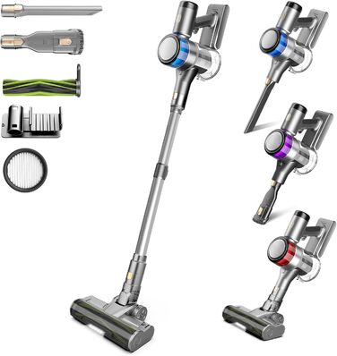 Акумуляторний пилосос Dzaki 45KPa бездротовий без мішка з дисплеєм, антинамотувальна щітка, 55 хв роботи, знімна батарея, для твердих поверхонь, шерсті тварин, килимів, авто (Золотистий сірий)