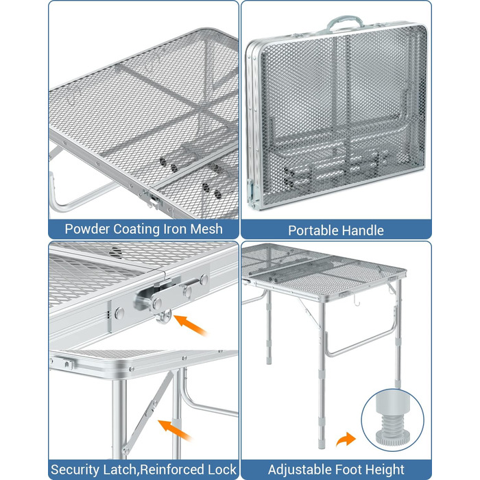Розкладний стіл для кемпінгу, алюмінієвий кемпінговий стіл 90x60 см Максимальне навантаження 31,8 кг, Кемпінговий стіл регулюється по висоті (40 см, 60 см і 70 см) для пікніка Гриль Приготування їжі Сад Піші прогулянки (срібло)