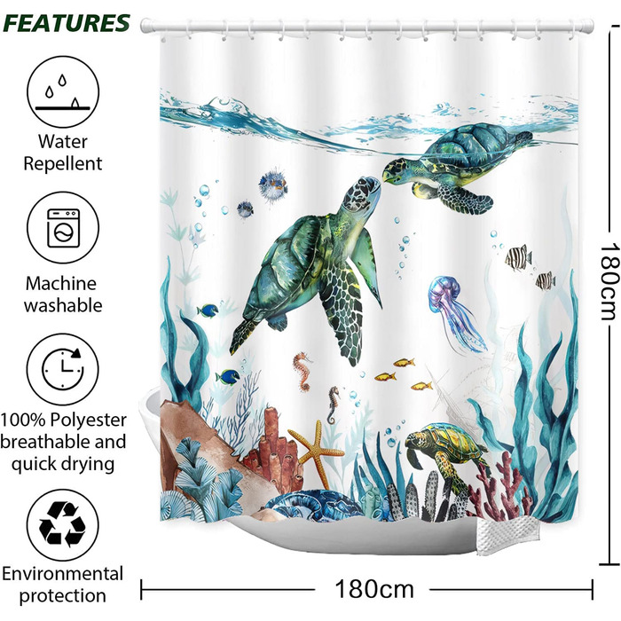 Фіранка для душу з принтом кішки, океану, черепахи, риби, морських зірок, водонепроникна фіранка для ванної, міцний поліестер 180 х 180 см, сучасні аксесуари для прикраси ванної кімнати, 12 кілець для Фіранки для душу (Turtle02, 180x180 см)