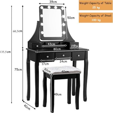 Туалетний столик з табуреткою, дзеркало 360, 10 світлодіодів, 5 ящиків і органайзер, знімний (чорний), 4LIFE