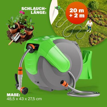 Шланговий барабан Gardebruk® 20м + 2м з кріпленням для стіни, 1/2', для саду, багатофункціональна ручна лійка, система подачі та намотування шланга