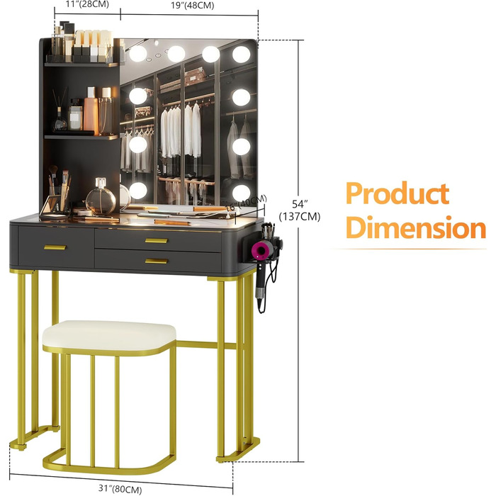 Трюмо Lvifur з дзеркалом у стилі Голлівуд, 10 регульованих лампочок, пуф, ящик, станція зарядки, USB-порт, чорний колір
