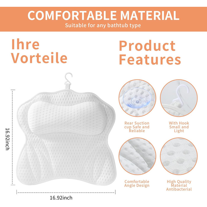 Підголовник для ванни з 6 присосками, 4D-Air Mesh, підтримка голови, шиї, плечей, спини, для всіх ванн (білий)