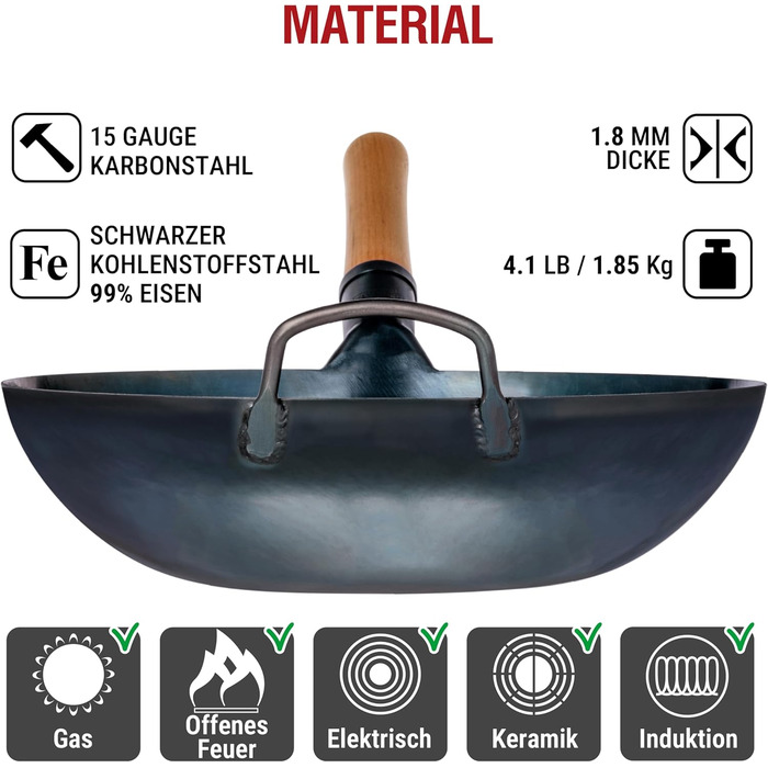 Вок YOSUKATA з вуглецевої сталі (34 см) - попередньо обпалена поверхня, плоске дно, для індукційних, газових та електричних плит (синій)