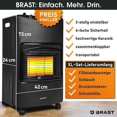 Газовий нагрівач BRAST Vulkan 4200W з керамічним нагрівачем | 3 режими нагріву | з захисним кожухом, редуктором, шлангом та індикатором рівня газу | складний та мобільний | для балонів до 15кг | газовий нагрівач, обігрівач, нагрівальний прилад