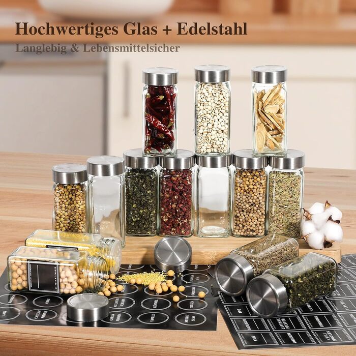 Набір скляних банок для спецій на 24 шт. (120 мл, кутові, герметичні) з кришками з нержавіючої сталі, етикетками та ситами - набір спецій, включаючи воронку та щітку для чищення - зберігання спецій, баночки для спецій з нержавіючої сталі