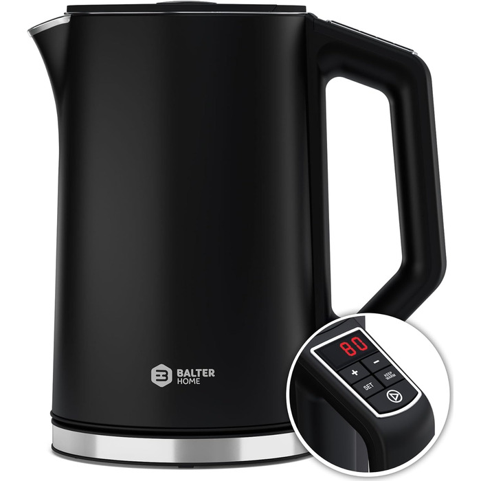 Електричний чайник BALTER з регулюванням температури, 1.5L, 2200W, білий/чорний, нержавіюча сталь, подвійні стінки, BPA free, бездротовий