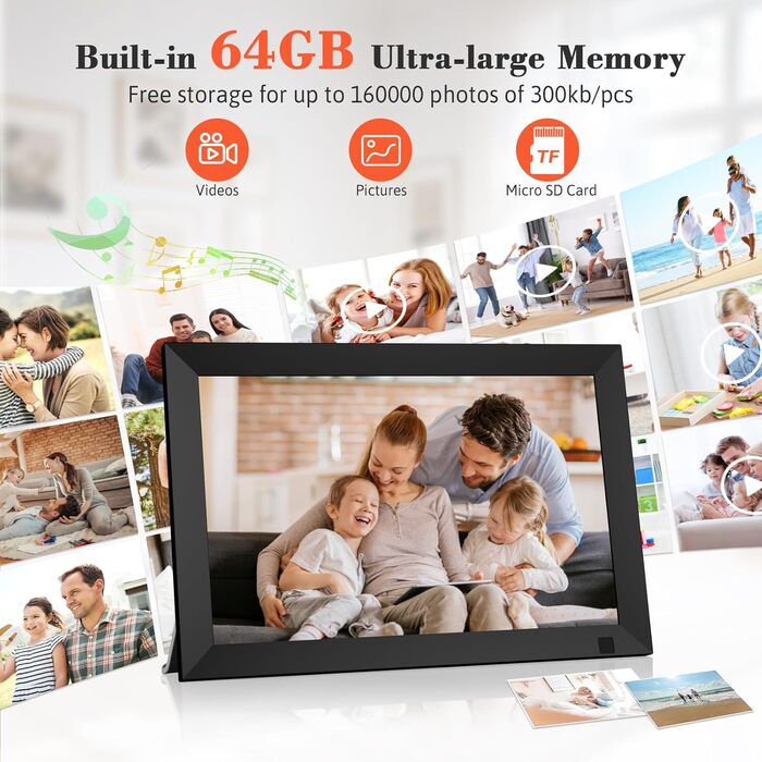 Цифровий фоторамка 10.1 дюйма з Wi-Fi, 64GB пам'яті, IPS LCD сенсорний екран 1280x800, автоповорот, аудіо, швидке завантаження фото та відео, чорний