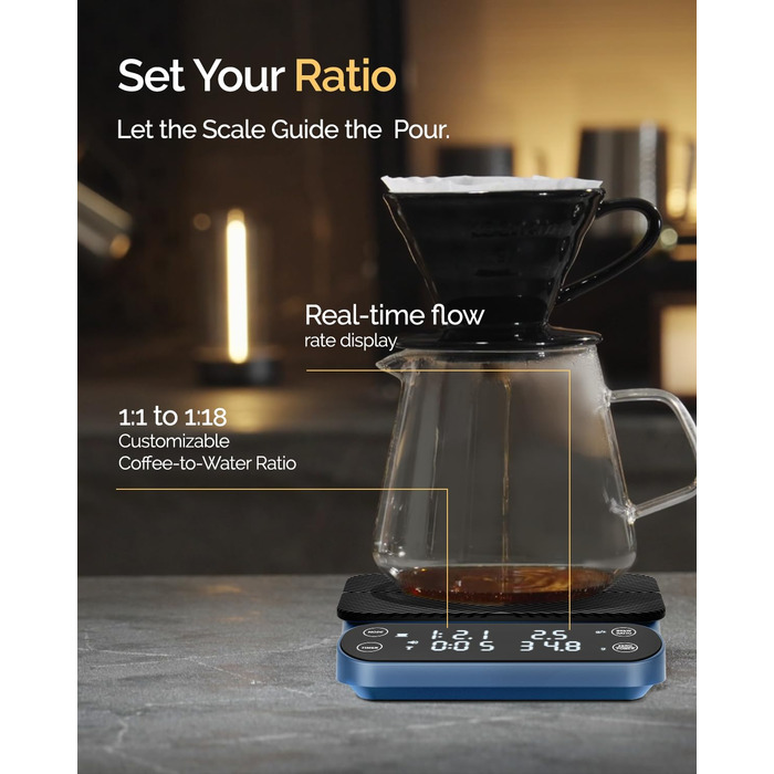 Ваги для кави Maestri House S3 з таймером, 3 кг/0,1 г, перезаряджувані, цифрові, для еспресо, з 3 режимами заварювання, регульованими пропорціями та індикатором потоку, для Pour Over, French Press (блакитні)