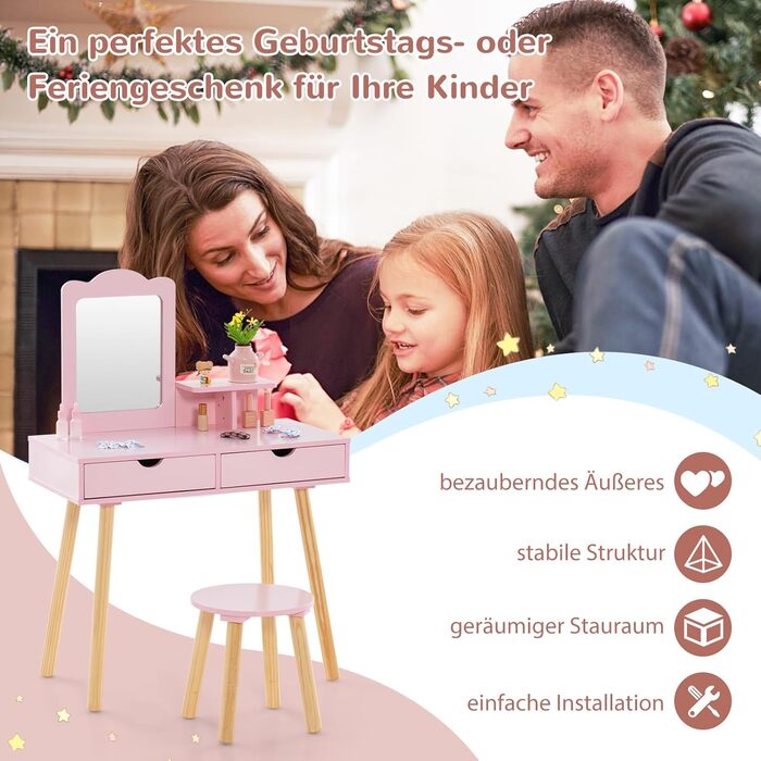 Дитячий туалетний столик COSTWAY 2-в-1 зі стільчиком та дзеркалом, з 2 шухлядами, гребінцем, для дівчаток 3-7 років (Рожевий)