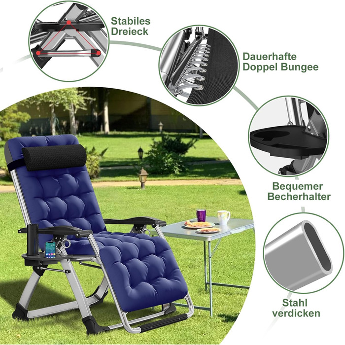 Скромний розкладний лежак на 200 кг з подушкою, сидіння та лежання, регульований для вітальні, балкона, пляжу або басейну (Блакитна плюшева тканина)