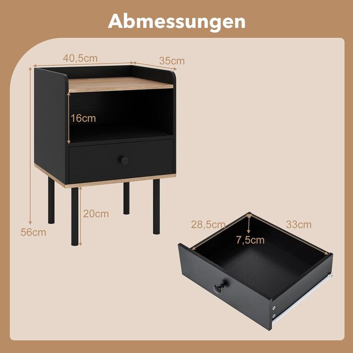 COSTWAY Набір з 2 тумбочок до ліжка, приліжкові столики з шухлядою та відкритою полицею, металеві ніжки, чорний колір, 40,5 x 35 x 56 см
