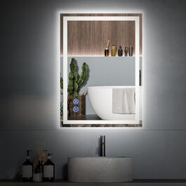 Дзеркало у ванну кімнату з підсвічуванням 50x70 см, сенсорне керування, протитуманне покриття, 3 кольори світла, регулювання яскравості, пам'ять налаштувань, матове покриття, прямокутна форма