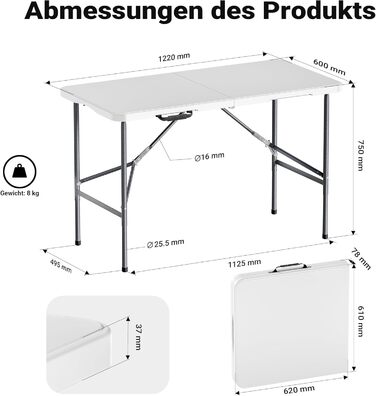Складаний кемпінговий стіл Wiltec 122x60x75 см, стіл для пікніка, саду та виїзних заходів з ручкою для перенесення