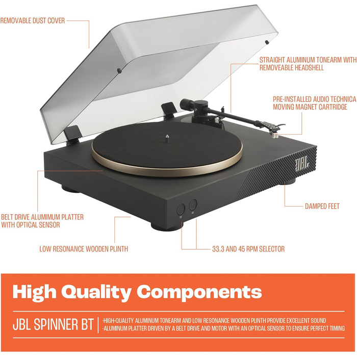 Програвач вінілу JBL Spinner BT з Bluetooth та aptX HD, чорний/золотий – високоякісний вініловий програвач