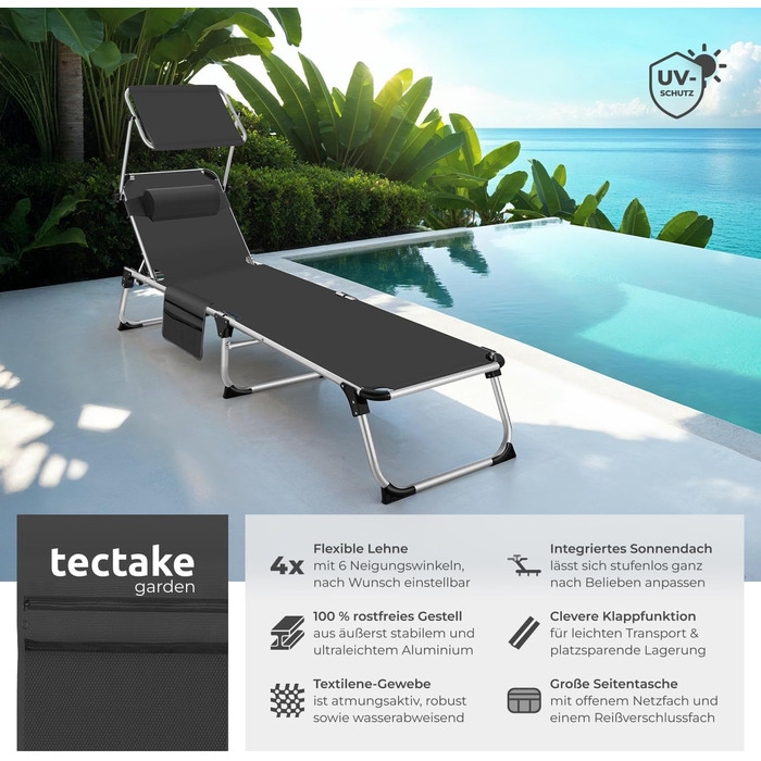 Шезлонг Tectake® з дахом: легкий, розкладний, для балкона, саду, кемпінгу та пляжу. Алюмінієвий, сірий меланж (чорний)