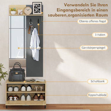 Комплект для передпокою: полиця для взуття, дзеркало, 3 гачки, відкрита полиця, меблі для передпокою, натуральне дерево + сірий