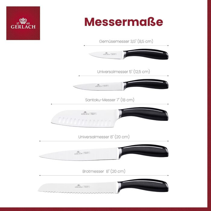Набір кухонних ножів Gerlach 1760: 5 ножів (Santoku, для хліба, кухонні, для овочів) з нержавіючої сталі, антиковзна ручка, 55-56 HRC, Loft