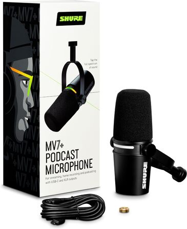 Мікрофон Shure MV7+ для подкастів, студійний, USB-C/XLR, LED-панель, авто-рівень, цифровий поп-фільтр, ефекти, для запису, стрімінгу, чорний