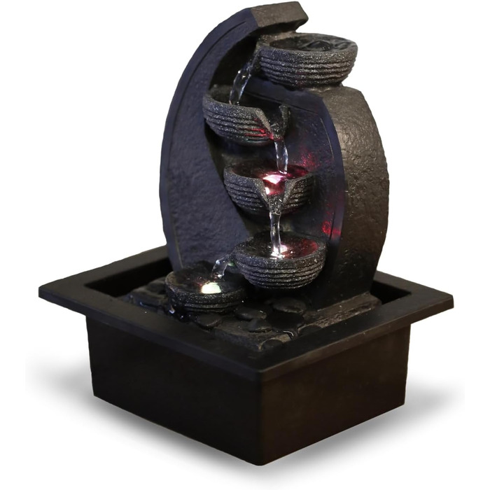 Джерело води Zen'Light Zimmerbrunnen V2 з 4 рівнями, імітація натурального каменю та кольоровим LED-підсвічуванням. Сучасна декор для столу, ідеально для медитації та релаксації. Висота 26 см. Унікальний дизайн.