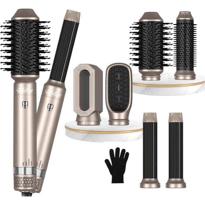 Фен-щітка Airstyler UKLISS 6 IN 1, фен з гарячою повітряною щіткою з автоматичною плойкою, щітка для випрямлення, надає волоссю об'єм, випрямляє, завиває та сушить волосся феном (золотистий)