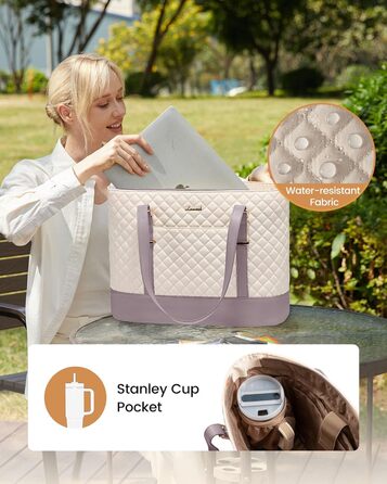 Сумка для ноутбука LOVEVOOK 15.6 дюймів для жінок з відділенням для ланчу, сумка-шоппер, ділова сумка, портфель, сумка для навчання, містка, водонепроникна, для офісу, університету, чорна (15.6 дюймів, Бежевий, Рожевий)