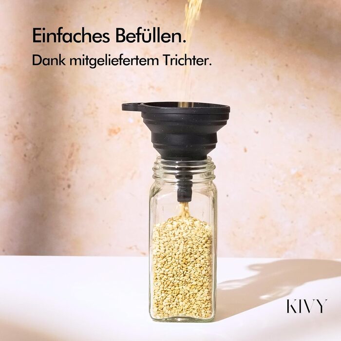 Набір скляних банок для спецій KIVY з дозатором [24x 120 мл] + 240 вологостійких етикеток - герметичні скляні баночки для спецій - набір банок для спецій чорного кольору