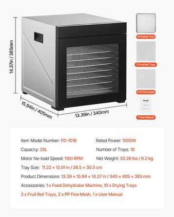 Електрична сушарка для продуктів VEVOR з 10 чашами з нержавіючої сталі, 1000 Вт, сушарка для м'яса, фруктів, овочів, трав, собачих ласощів