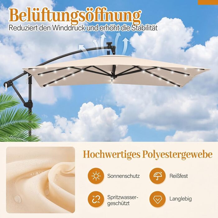 Садова парасолька COSTWAY 250x250 см з LED-підсвіткою, стійкою та рукояткою, квадратна сонцезахисна парасолька для тераси, басейну та двору, бежева