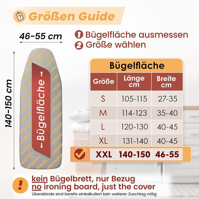 Покриття для прасувальної дошки 120x40 см, відбиваюче тепло, з гумовим покриттям, OEKOTEX100, 5 розмірів, з підкладкою, для парових прасок, срібного кольору (XXL)