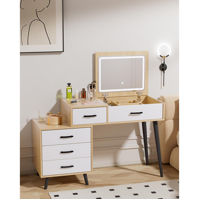 Трюмо ZenkiHome з дзеркалом та підсвіткою, ширина регулюється від 80 до 120 см, колір дуб