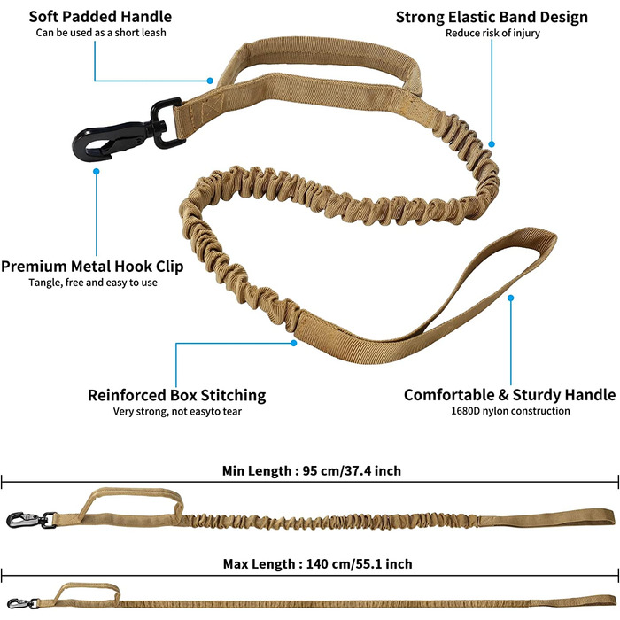 Ремінець для собак з тактичною засувкою з собачим повідцем і рукояткою, ремінець для собак середнього і великого розміру для полювання, тренувань і відпочинку на відкритому повітрі (Хакі, XL)