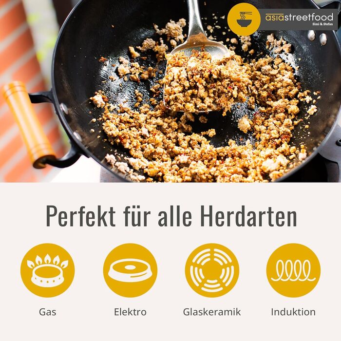 Азіатський вок Ø 33 см - міцний вуглецевий сталевий вок з плоским дном, дерев'яний ручка, підходить для газових, індукційних плит та керамічних поверхонь - не потребує обпалювання для приготування азіатських страв