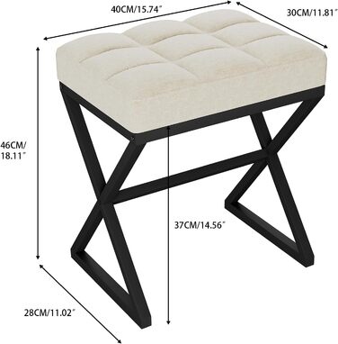 Пуф для макіяжу YMYNY, пуф-табуретка з льону, пуф для туалетного столика з металевими ніжками X-подібної форми, 40x30x46 см, бежевий (HBD033G)