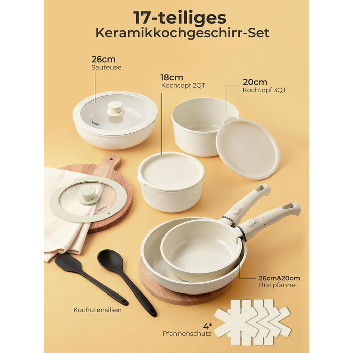 Набір посуду 17 предметів з антипригарним покриттям, індукційний, з керамічним покриттям, сумісний з духовкою, безпечний для миття в посудомийній машині, без PFOA/PFOS