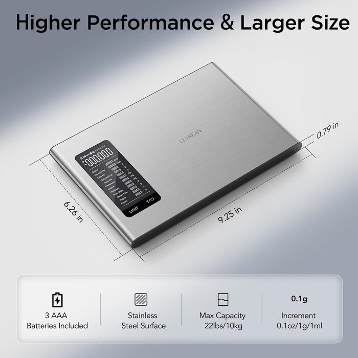 Ваги кухонні Ultrean з підрахунком поживних речовин та аналізом калорій, 20 поживних речовин, 10KG/0,01g, для дієти, фітнесу, приготування їжі та випічки, нержавіюча сталь (великий розмір)