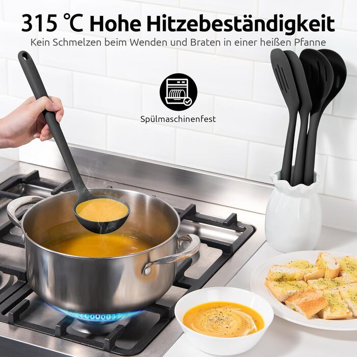 Набір кухонних аксесуарів U-Taste з силікону (5 шт.), стійкий до 315°C, BPA-free, антипригарний, для приготування, перемішування та подачі їжі (чорний)