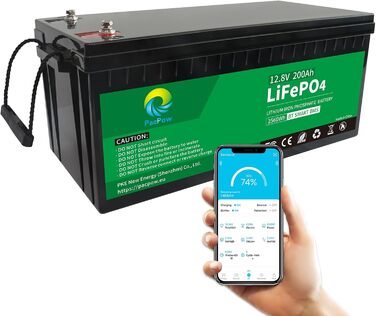 Літієва батарея PacPow LiFePO4 200Ah 12V, 200A BMS, 5000 циклів, 2560 Вт, 10 років, для автофургонів, сонячна, морська