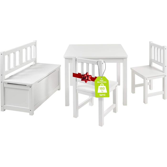 Дитячий меблевий набір Bomi Anna: стіл, 2 стільці та лавка-сховище | Меблі для дитячої кімнати з FSC сертифікованого дерева | Білий