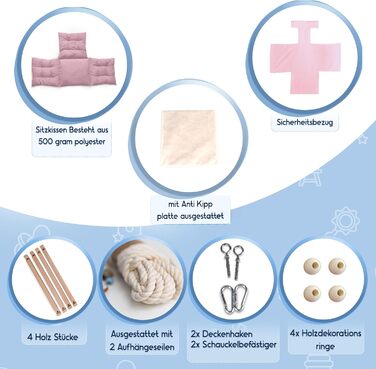 Дитяча гойдалка для дому та саду з бука, рожева. Максимальне навантаження 25 кг. Комплект кріплення